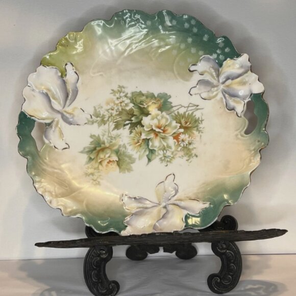 R S Germany Cut Out Handled. Cake Plate Hand Painted Floral. 11" Porcelain. L - Picture 3 of 9